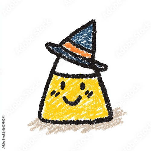 Smiling Candy Corn in Witch Hat A whimsical Halloween treat, cheerful and festive. Perfect for autumn celebrations