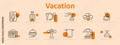 Vacation set icon. Includes elevator, luggage, cutlery, bell service, taxi, coffee, hotel, umbrella, direction sign, all drawn with linear strokes and accent marks