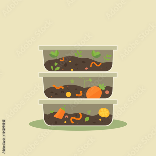 Stack of worm compost, soil and organic matter in a biodegradable bin for zero waste. Earthworms ingesting reused food leftovers or scraps through vermiculture for sustainable gardening or agriculture