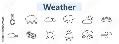 Weather set icon. Thermometer, snow, clouds, rainfall, sun, rainbow, wind, flurry, sunshine, lightning storm in linear minimal outline style