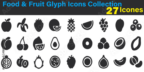 Food & Fruit Glyph Icons Collection – Black Vector Pictograms (Banana, Peach, Kiwi, Cherry, Pineapple)