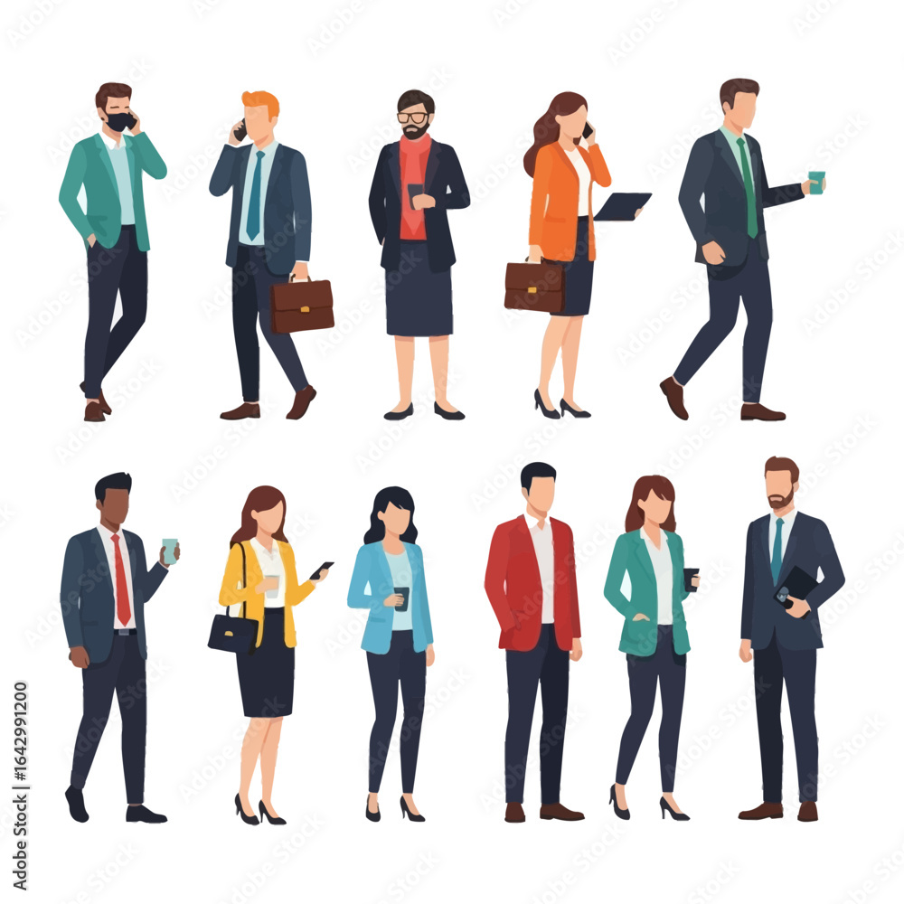 Obraz premium Diverse professionals: A comprehensive collection of business individuals, illustrating a variety of ethnicities, genders, and attire, meticulously presented in a flat.