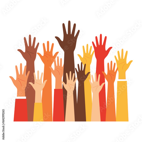 Unified Voices: A mosaic of hands raised in a visual metaphor of participation, symbolizing a united front, community involvement, and democratic action.