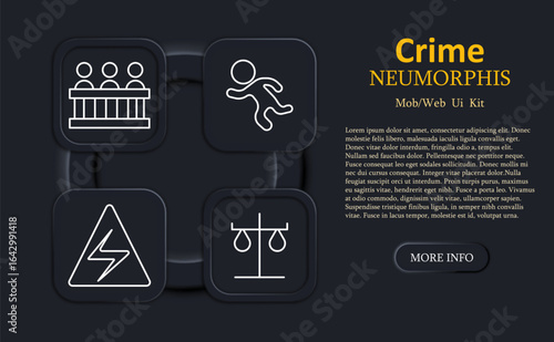 Crime set icon. Jury panel, body outline, electricity warning sign, balance scale in neumorphic outline style for law, investigation, justice or courtroom UI
