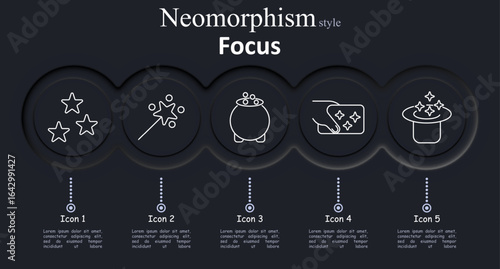 Focus set icon. Three stars, magic wand, cauldron, hand with sparkles, hat with sparkles in neomorphism style with dark glowing interface elements