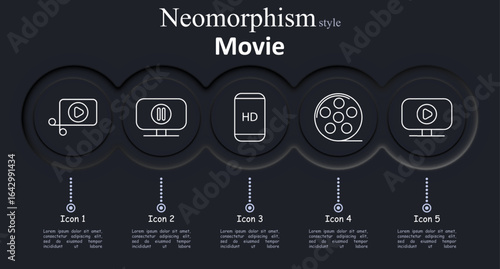 Movie set icon. Film strip with play, monitor with pause, HD screen, film reel, smart TV with play in neomorphism style with soft dark rounded elements