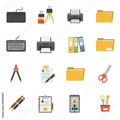 Flat Office Stationery Icon Set: Keyboard, Printer, Folders

