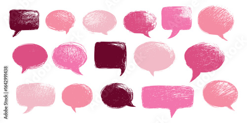 Set of cute stickers for text dialogs in hand drawing style. Cute romantic pink frames for messages and text chats. Frames in chalk drawing style. Pink girlish speech bubbles.