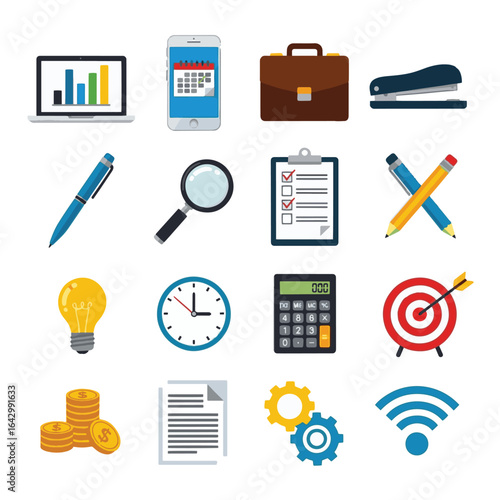 Business & Office Flat Icon Set: Laptop, Calendar, Checklist, Target
