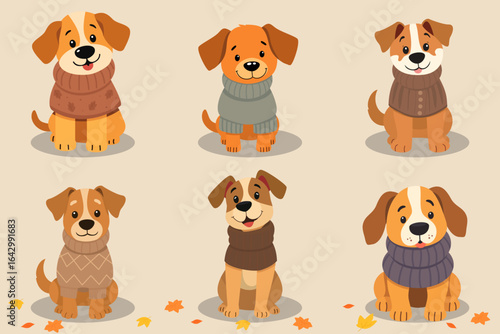 Set of cute dogs wearing warm clothes or a knitted costume for autumn or fall. Sweater weather or winter fashion, accessories and cozy style for a collection or group of happy, dressed up pets