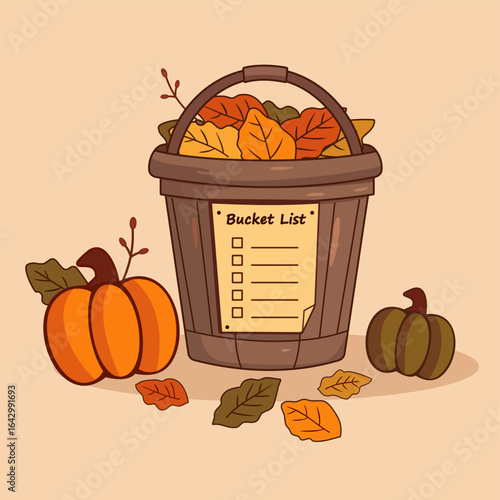 A bucket with leaves and a to do list for autumn management on an isolated background. Journal agenda or checklist of activities, dreams and goals for Thanksgiving holiday, vacation or travel in fall