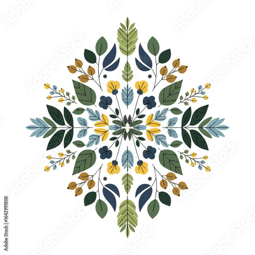 Floral Botanical Mandala Vector - Folk Art Leaf Pattern