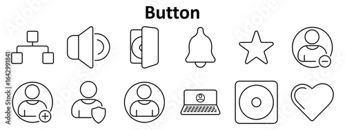 Button set icon. Nodes, speaker, notification, bell, star, user with symbols, laptop, heart, control panel in black outline style centered on white grid background.