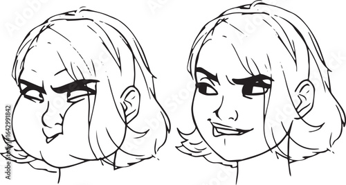 Two Hand-Drawn Black And White Illustrations Of A Woman's Angry Facial Expressions Vector Art