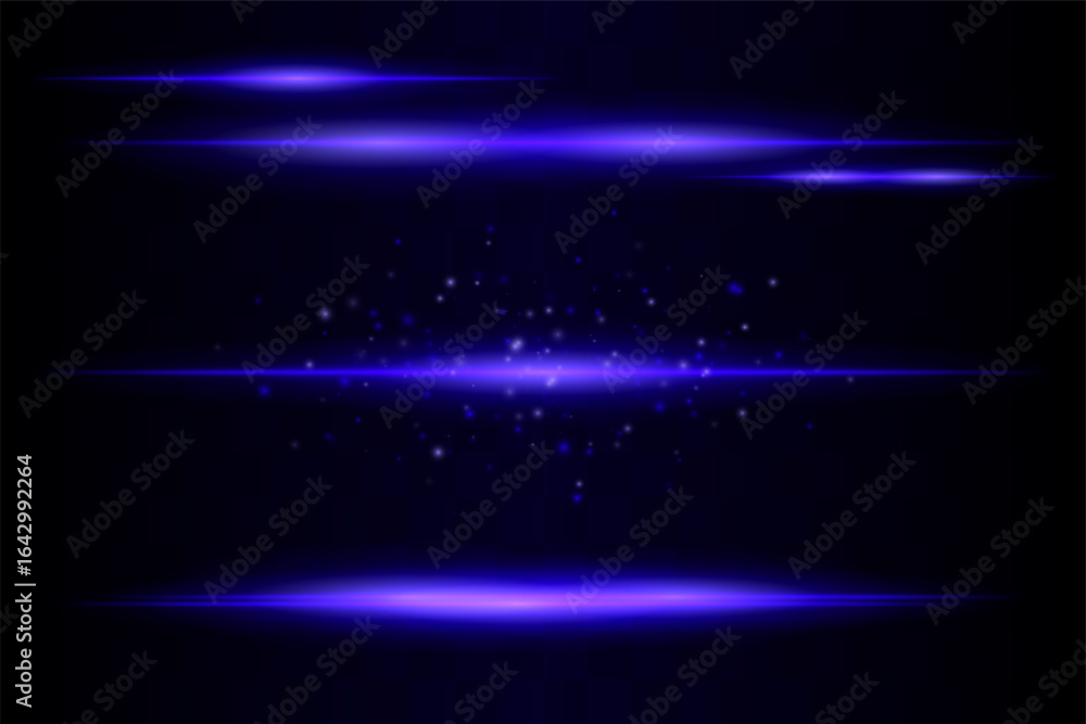 Fototapeta premium Shining set. Bright glowing beams combined with floating light particles. Central cluster highlights energy dispersion and soft motion on transparent background.