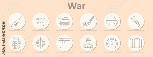 War set icon. Rifle, airplane, tank, missile strike, truck, rocket, grenade, target, pistol, soldier, speedometer, bullets in vertical alignment