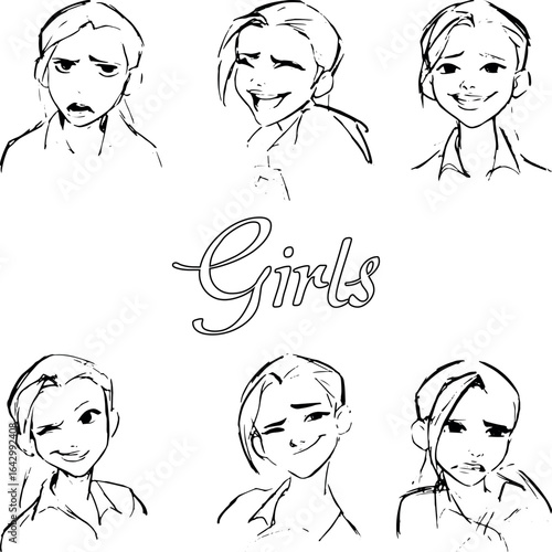 Collection of sketched female faces with various emotional expressions. Character line art set.