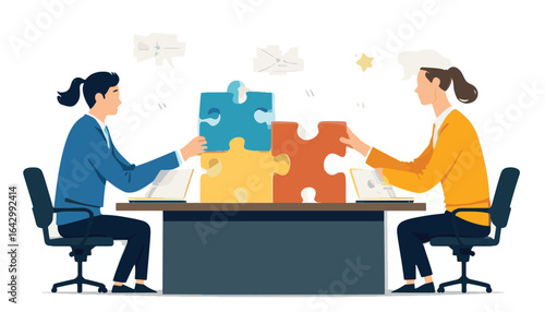 Teamwork Collaboration Vector Illustration — Coworkers Solving Puzzle Pieces at Desk