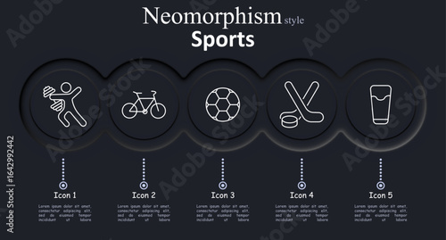 Sports set icon. Dumbbell lifter, bicycle, soccer ball, hockey sticks with puck, drink glass depict athletic activity, fitness, cycling, team sports, and hydration in outlined style