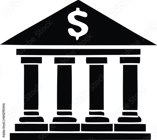 Classic bank building icon with a prominent dollar sign on its pediment symbolizing financial institutions and commerce