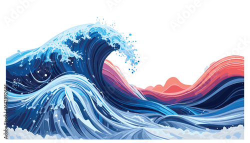 Dynamic Ocean Wave Vector Illustration — Surf Splash with Sunset Colors