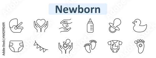Newborn set icon. Includes pacifier, feeding bottle, duck toy, diaper, feet, onesie, baby hands holding heart, banner, car seat, and nurturing hand illustrations.