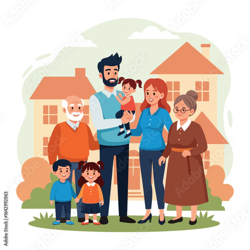 Family Portrait: A harmonious multigenerational family, encompassing grandparents, parents, and children, gathers in front of their residence, embodying unity and familial love.