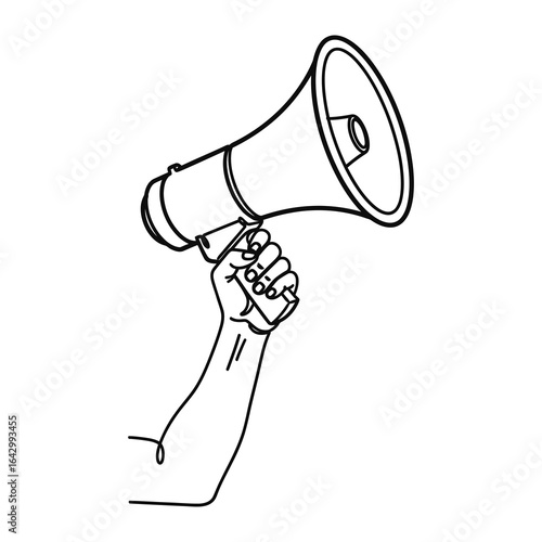 Voice Amplified: Hand holding a megaphone, the symbol of speaking up, shouting, announcements.