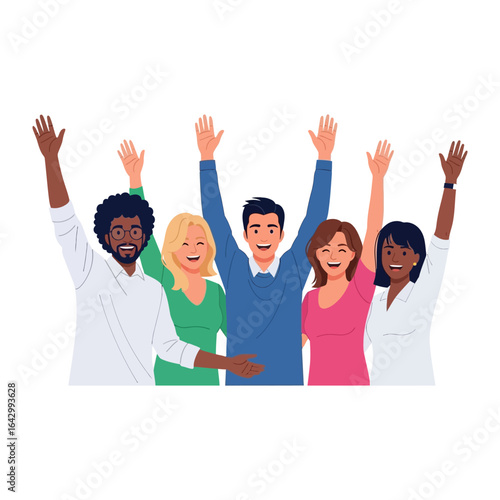 Joyful Unity: A vibrant gathering of diverse individuals exudes happiness and embraces inclusivity with arms raised in a unified display of togetherness and acceptance.