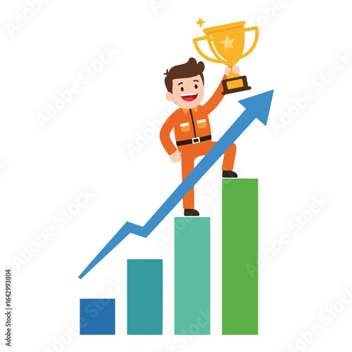Business Success Growth Vector — Trophy Winner on Upward Bar Chart