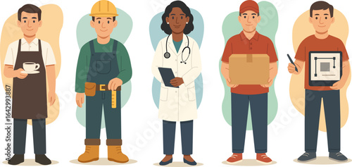 Vector illustration of diverse people in different professions: barista, builder, doctor, courier, and designer. 