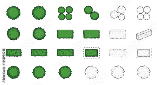 Top-down view of various landscape design elements, including shrubs, hedges, and rectangular blocks.