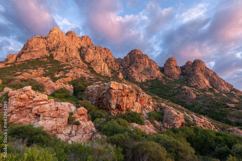 Fototapeta premium Rocky peaks at sunset, vibrant colors