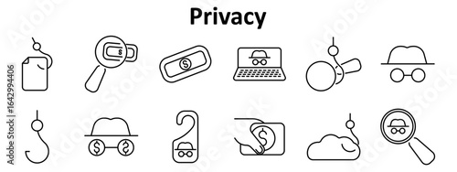 Privacy set icon. Includes phishing hook, document, magnifying glass, money label, laptop, hat glasses, bug, hook, incognito icon, folder with cash, cloud, inspect with disguise