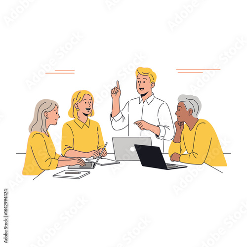 Strategic huddle: A diverse team engages in a dynamic meeting around a table, brainstorming ideas and strategies to drive progress and foster synergy in a collaborative environment.
