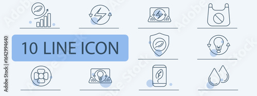 Green energy and efficiency set icon. Line icons show bar growth, energy recycle, laptop energy, plastic ban, eco shield, bulb cycle, fan, laptop idea, mobile eco, water drops