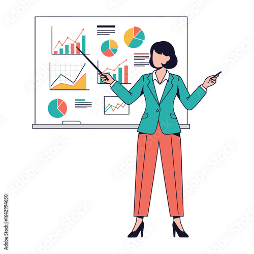 Data Analyst in Presentation: A focused data analyst stands before a presentation board, meticulously pointing to charts and graphs.
