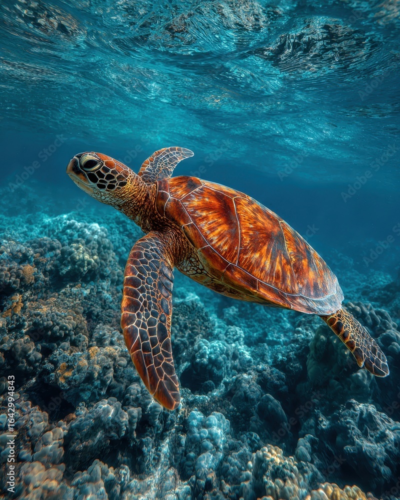 Fototapeta premium Sea Turtle Species. Green Sea Turtle Swimming Over Reef - Wildlife of Hawaiian Ocean