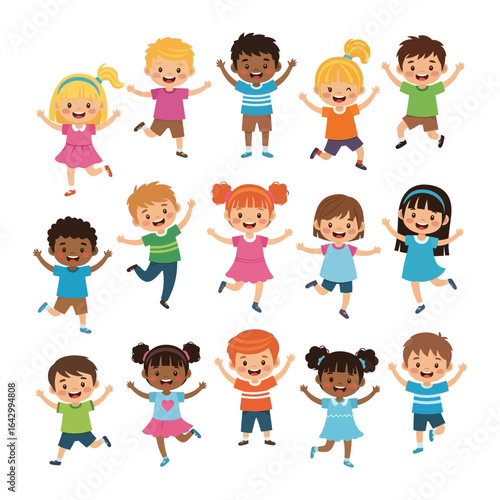 Playful Bunch: A vibrant assembly of diverse children radiates pure joy as they jump and play, embodying the spirited essence of childhood in a spirited illustration.