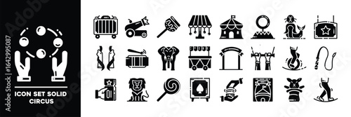 Solid Style Circus Icons Featuring Performances, Animals, and Amusement Themes.
