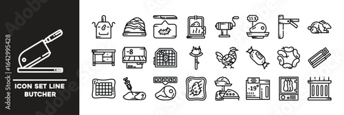 Butcher Tools Line Icon Set Depicting Meat Preparation and Storage Elements.