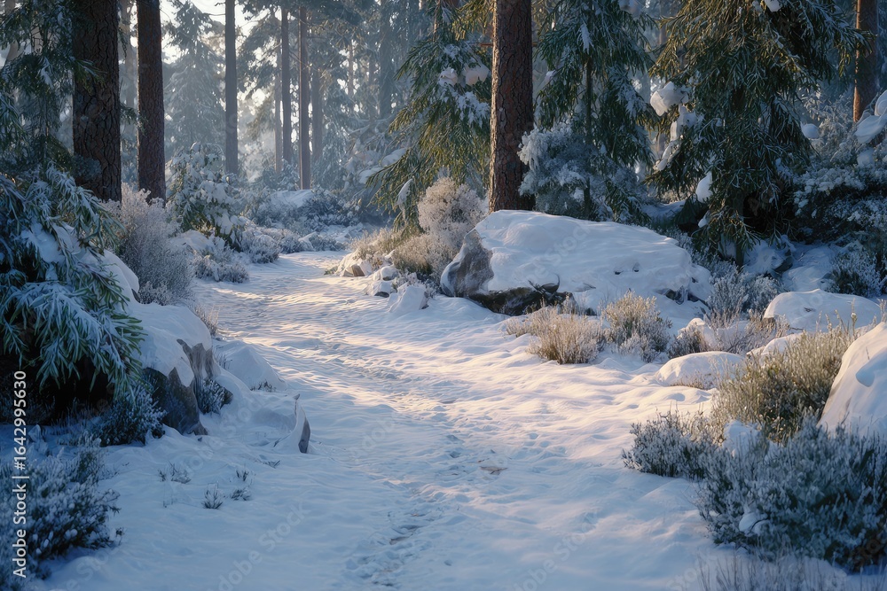 Fototapeta premium Snowy forest path bathed in sunlight