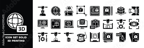 Solid Black 3D Printing Icons Representing Tools and Concepts in Additive Manufacturing.