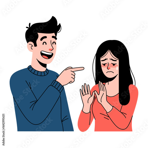 Bullying and Sadness: A illustration of one person laughing cruelly as another appears deeply distressed. The image symbolizes conflict and unhappiness in human relations.