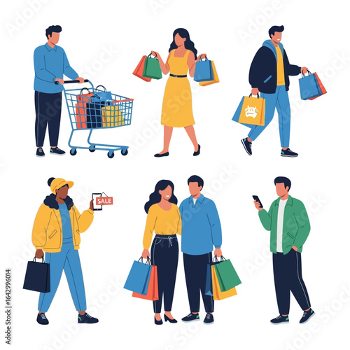 Shopping Spree: A diverse group of individuals engage in retail therapy, showcasing various styles and shopping habits, including using a shopping cart and mobile devices.