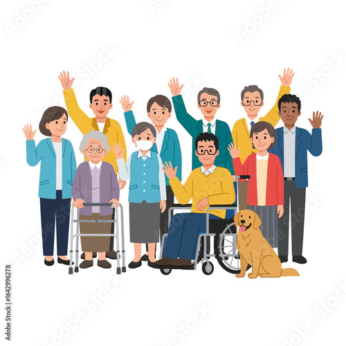 Community of Support: A diverse group of individuals, encompassing varied abilities, extends a warm welcome, embodying the spirit of togetherness and inclusivity.