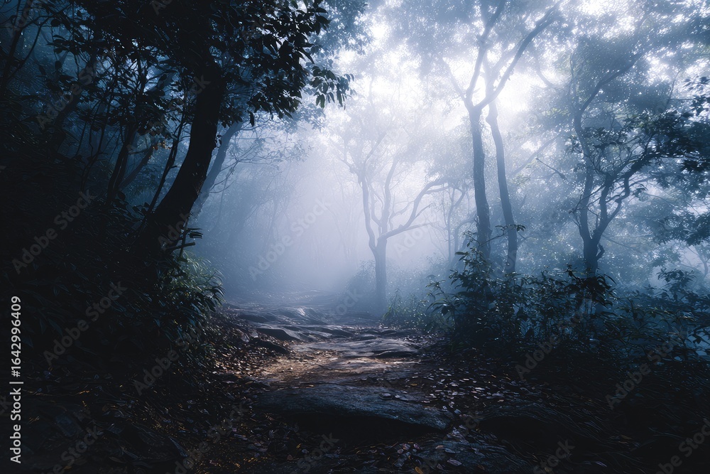 Fototapeta premium Misty forest path at dawn (1)