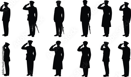 Silhouette of military officers saluting, black and white vector illustration, army soldiers in uniform, respectful pose, armed forces honor gesture