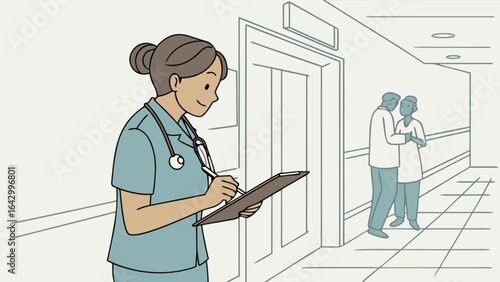 Nurse healthcare professional writing on clipboard in hospital hallway medical clinic illustration art