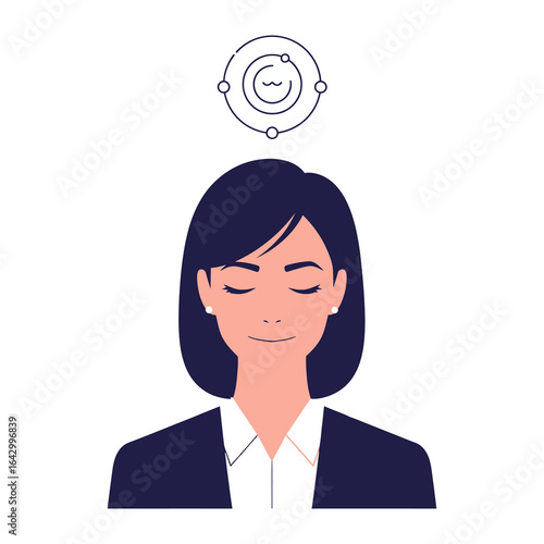 Inner Peace Embodied: A serene female in a corporate attire meditating with eyes closed, with a mindfulness symbol floating above. An illustration capturing tranquil bliss and focused awareness.